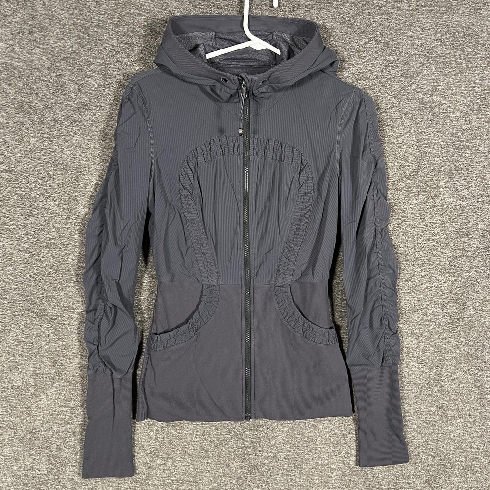 Lululemon Jacket Womens 6 Gray Hooded Full Zip Ruched Sleeves Pockets Athletic‎